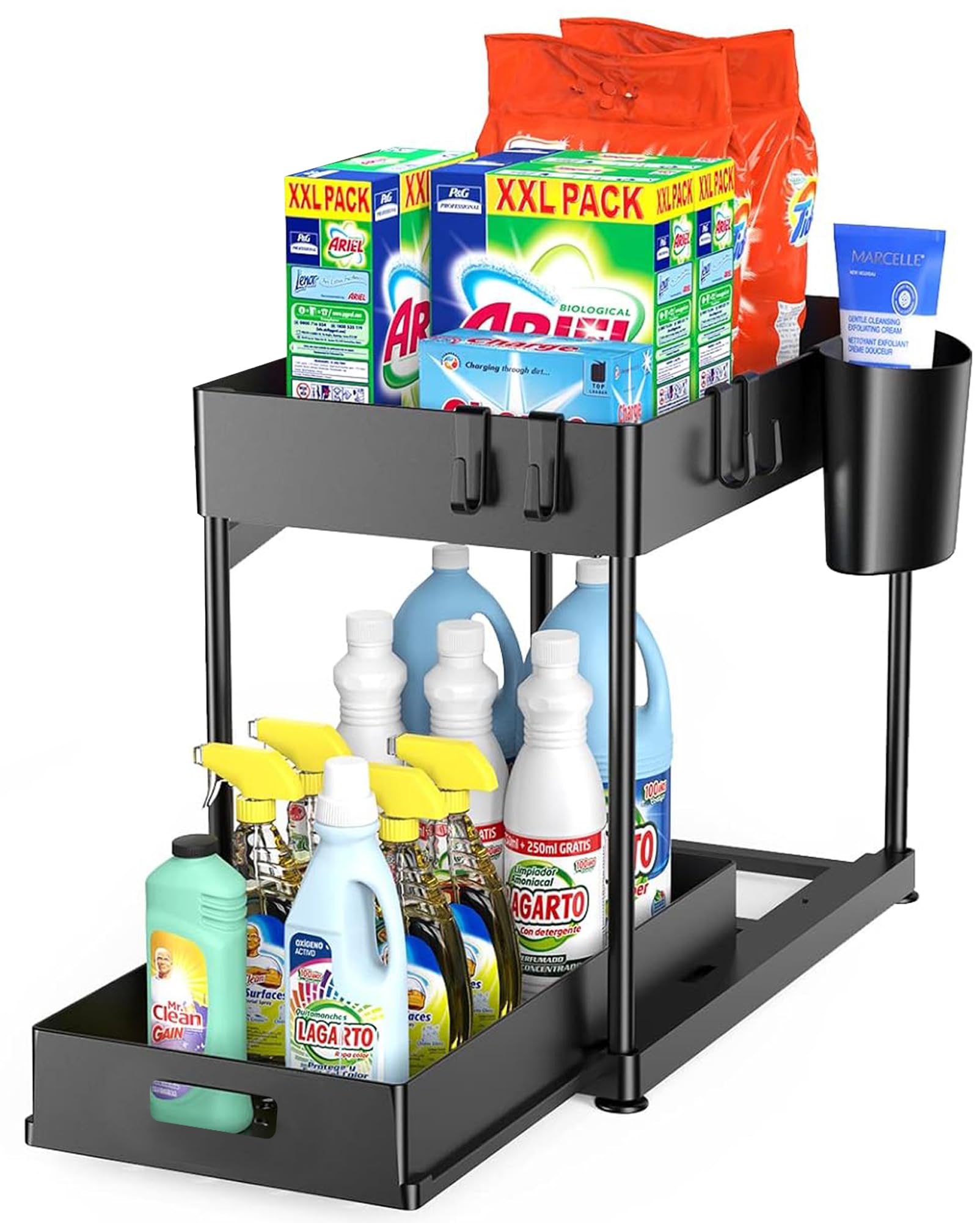 HOMIBIZ Under Sink Organizer, 2 Tier Bathroom Cabinet Organizer with Sliding Basket, Multi-Purpose Under Sink Organizers and Storage for Bathroom Kitchen (Black, Pack of 1)