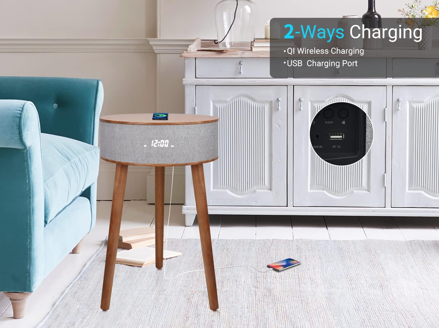 portable smart end table bluetooth speaker with wireless charger and usb charging dock digital screen display fm radio for bedroom living room off