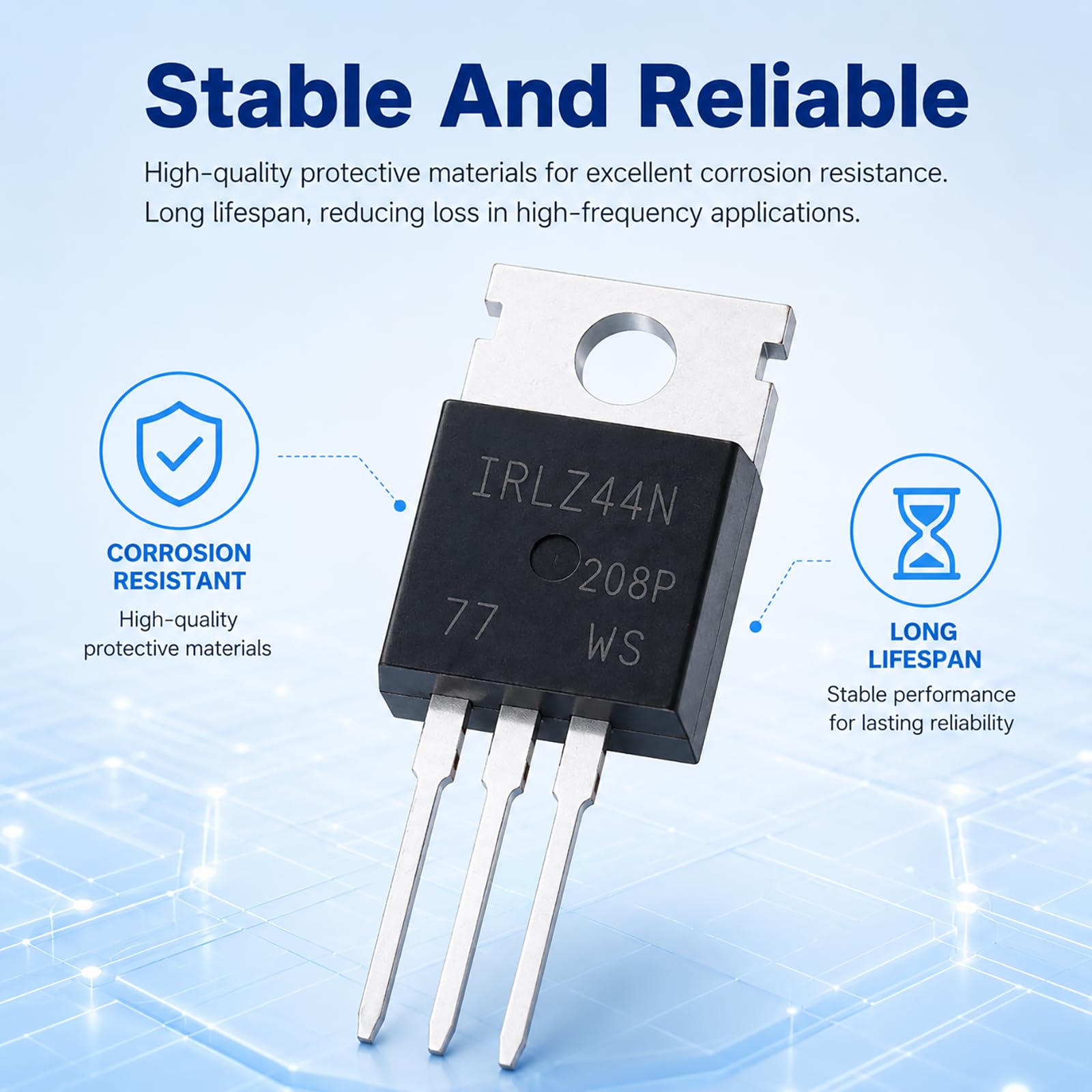 10 Stück IRLZ44N Transistor, N-Kanal MOSFET TO-220 55V 49A Logic Level Feldeffekttransistoren für Netzteile, Schaltungen, LED Steuerung und DIY Projekte, hohe Effizienz und schnelle Schaltleistung.