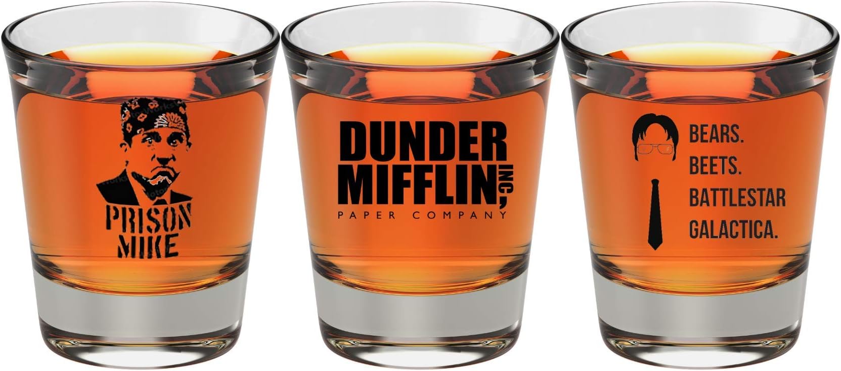 The Office Merchandise Shot Glass Gift Set - Prison Mike, Dunder Mifflin, & Bears Beets Battlestar Galactica - The Office Gifts for Men and Women