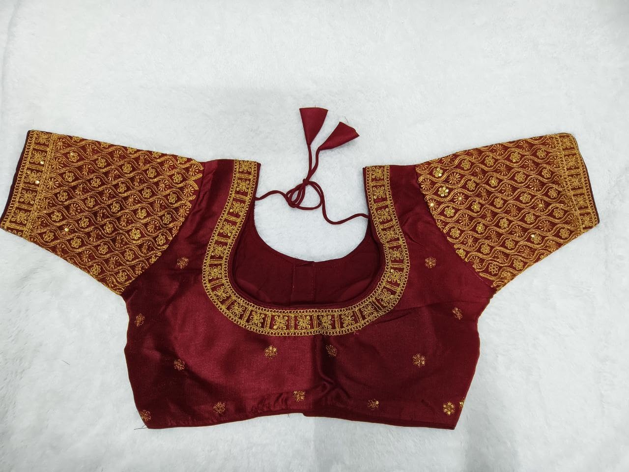 Pujia Mills Women's Readymade Blouse Embroidery Multi Coding Gold Thread Indian Ethnic Designer Stitched Half Sleeve Women's Readymade Maroon Color Saree Blouse For Women For Saree Lehenga Choli