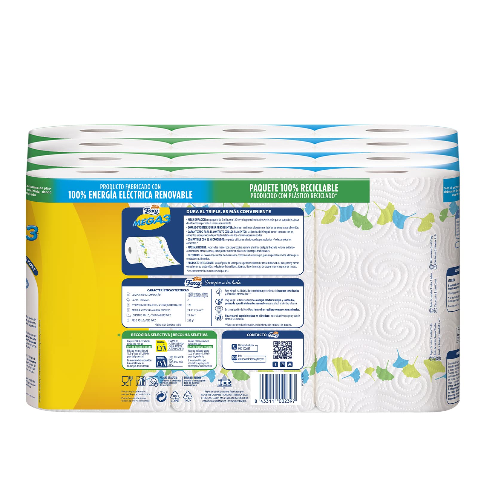 Foxy Mega3 | Papel Cocina 12 Triple rollos | 120 servicios por cada rollo | Decorado | Certificación FSC | 100% Energía eléctrica renovable | Paquete reciclable producido con plástico reciclado