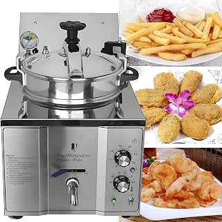 16L Stainless Steel Countertop Electric Pressure Air Fryer, 3KW Commercial Deep Fat Fryer with 50-200℃&0-30 Minutes Timer, for French Fries, Chicken Wings, Potato Chips