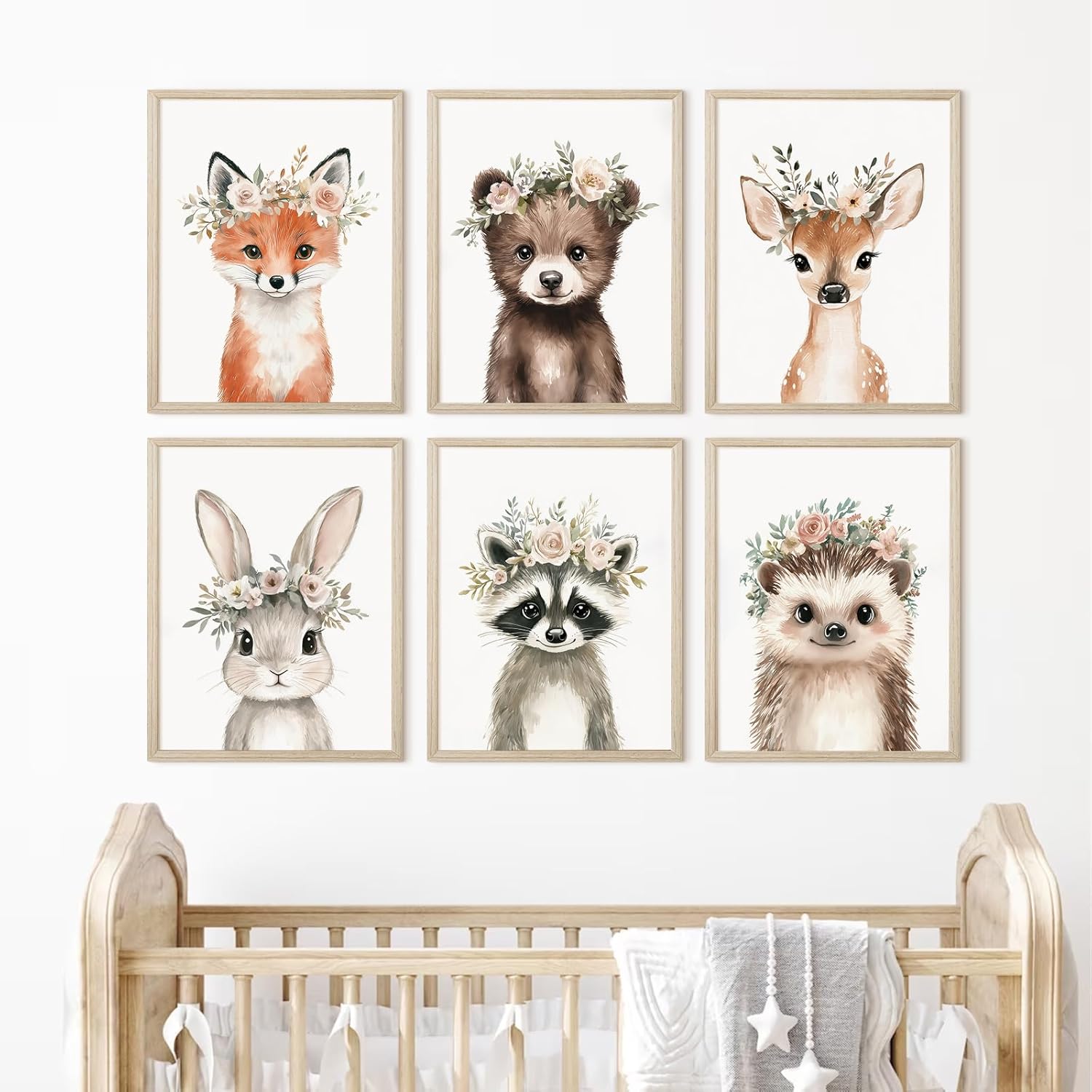 Woodland Animal Nursery Wall Art Decor Baby Girl Room Pictures Floral Crown Animal Canvas Wall Art Decor Safari Bear Fox Poster Floral Nursery Prints Artwork for Kids Bedroom 12x16x6 Inch Wood Framed