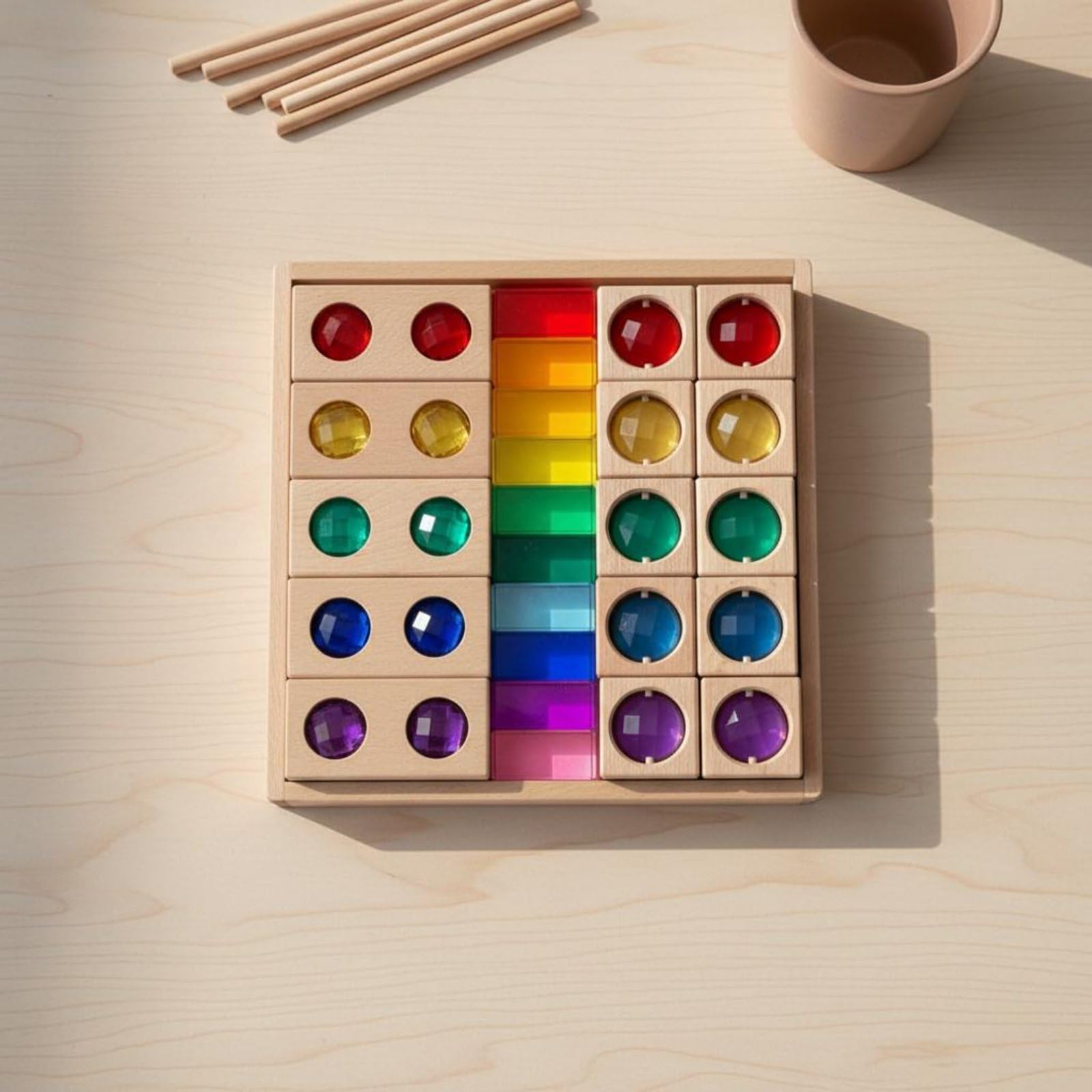 Blocchi Acrilici per Bambini Set di Gemme Cubi Educativi Blocchi Sensoriali Vassoio in Legno Gioco Manipolativo per Riconoscere Colori Forme Pattern Adatti a Scuola Casa Aula