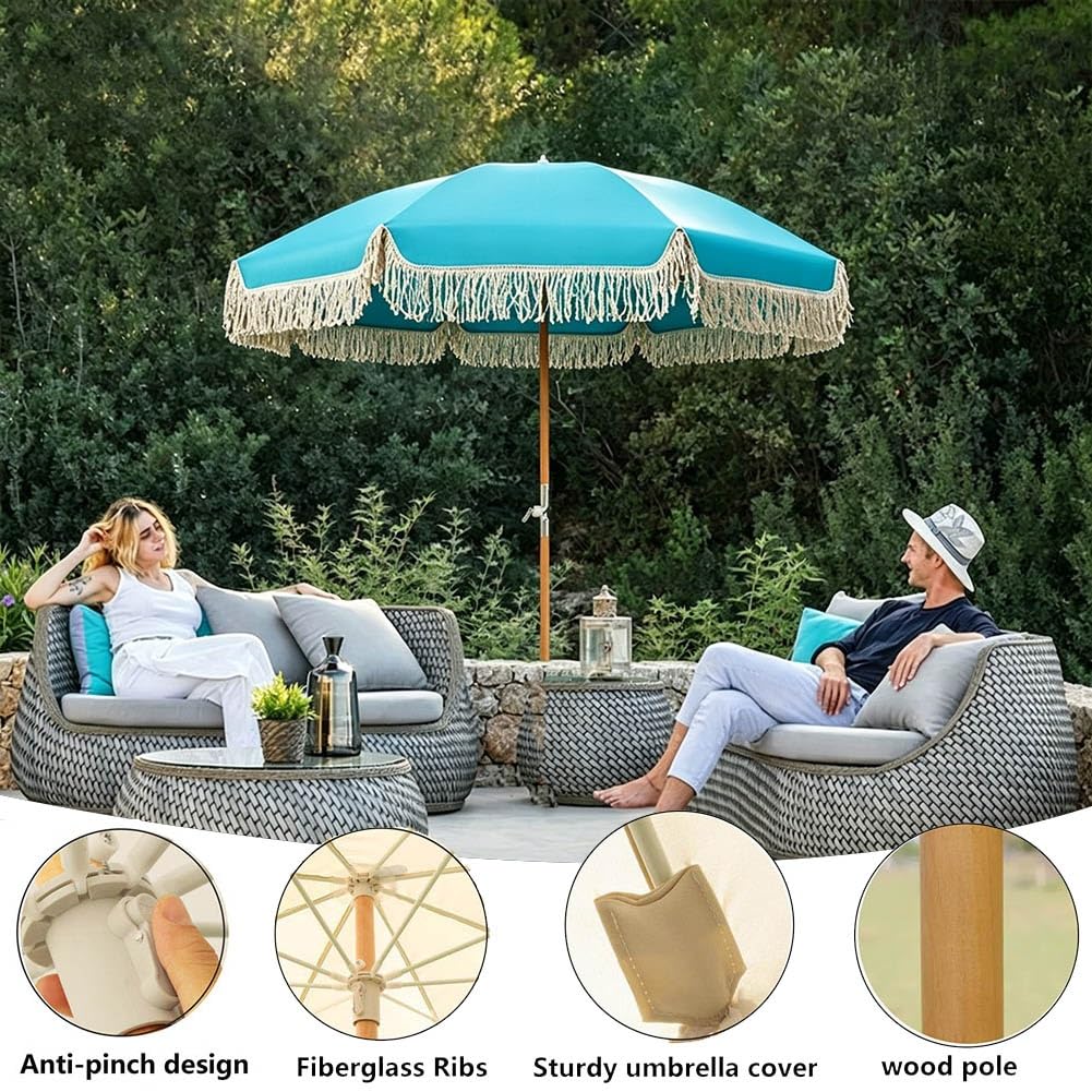 Parasol Ogrodowy w Boho z Frędzlami 200 cm, Przenośny Parasol Plażowy z Regulowanym Drewnianym Trzonkiem, 8 Żeberek z Włókna Szklanego