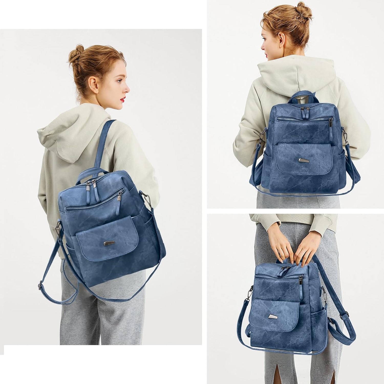 Backpack Purse for Women, PU Leather Backpack Purse, Fashion Travel Anti Theft Backpack, Multipurpose Lightweight Waterproof Convertible Purse Shoulder Bag Handbag, Blue - Image 2