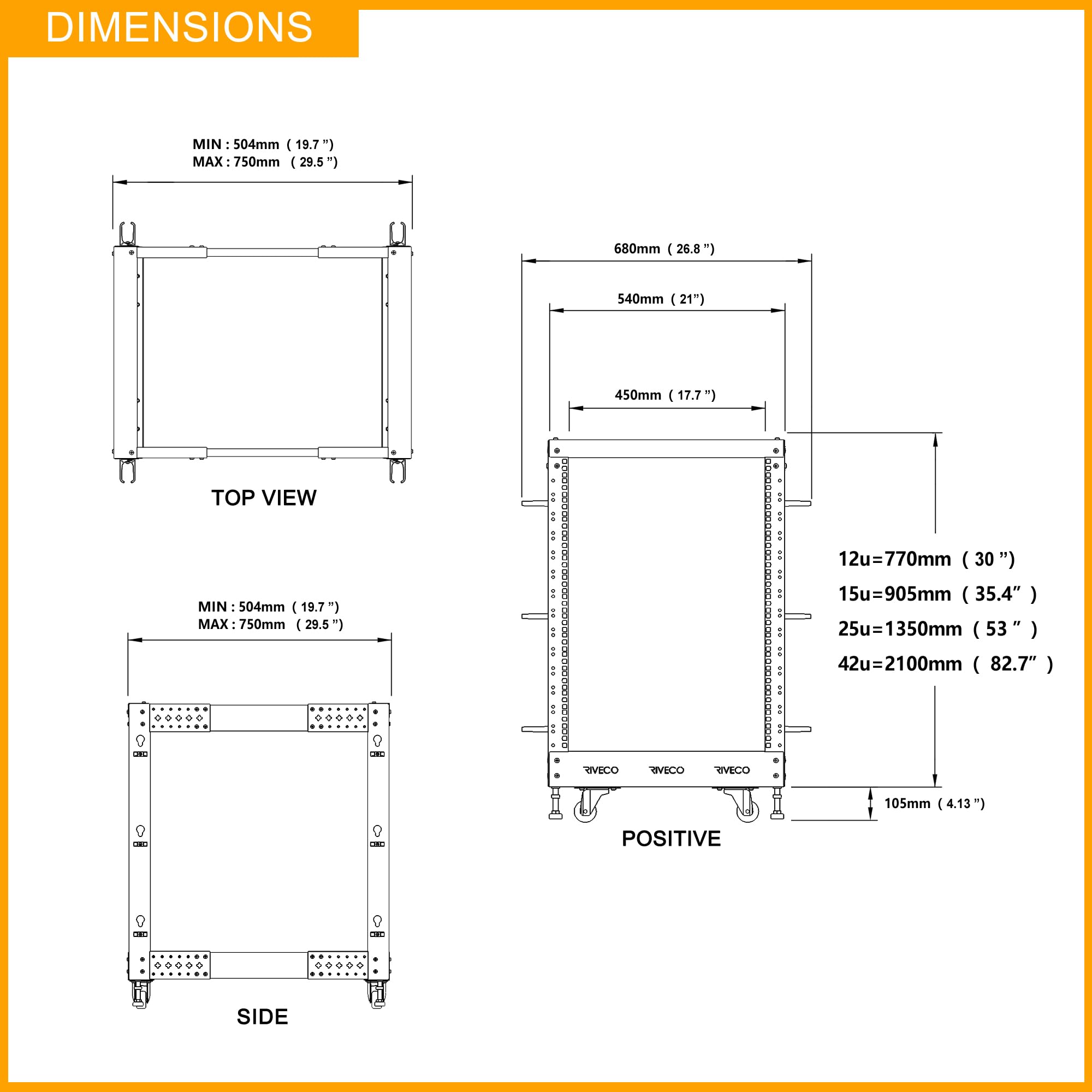 RIVECO 15U Server-Rack, verstellbare Tiefe, Netzwerk mit 4 Pfosten, offener Rahmen mit Nivellierfüßen und Rädern, vollständig Nieten, 635 kg