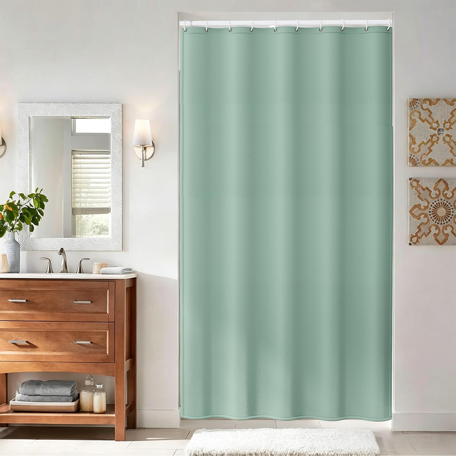 Cortina Ducha 90 x 230 cm Cortina de Baño Impermeable - Resistente Al Moho y Al Moho, Tela Repelente Agua, 100% Poliéster, con Ojales y Anillos, Verde Claro