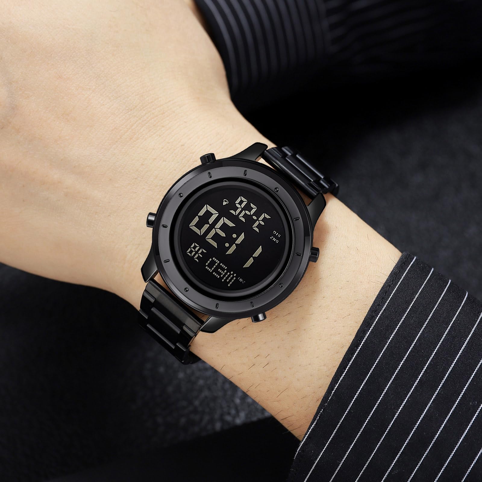 Montre numérique pour Homme en Cuir avec LED Minimaliste et chronomètre étanche en Acier Inoxydable