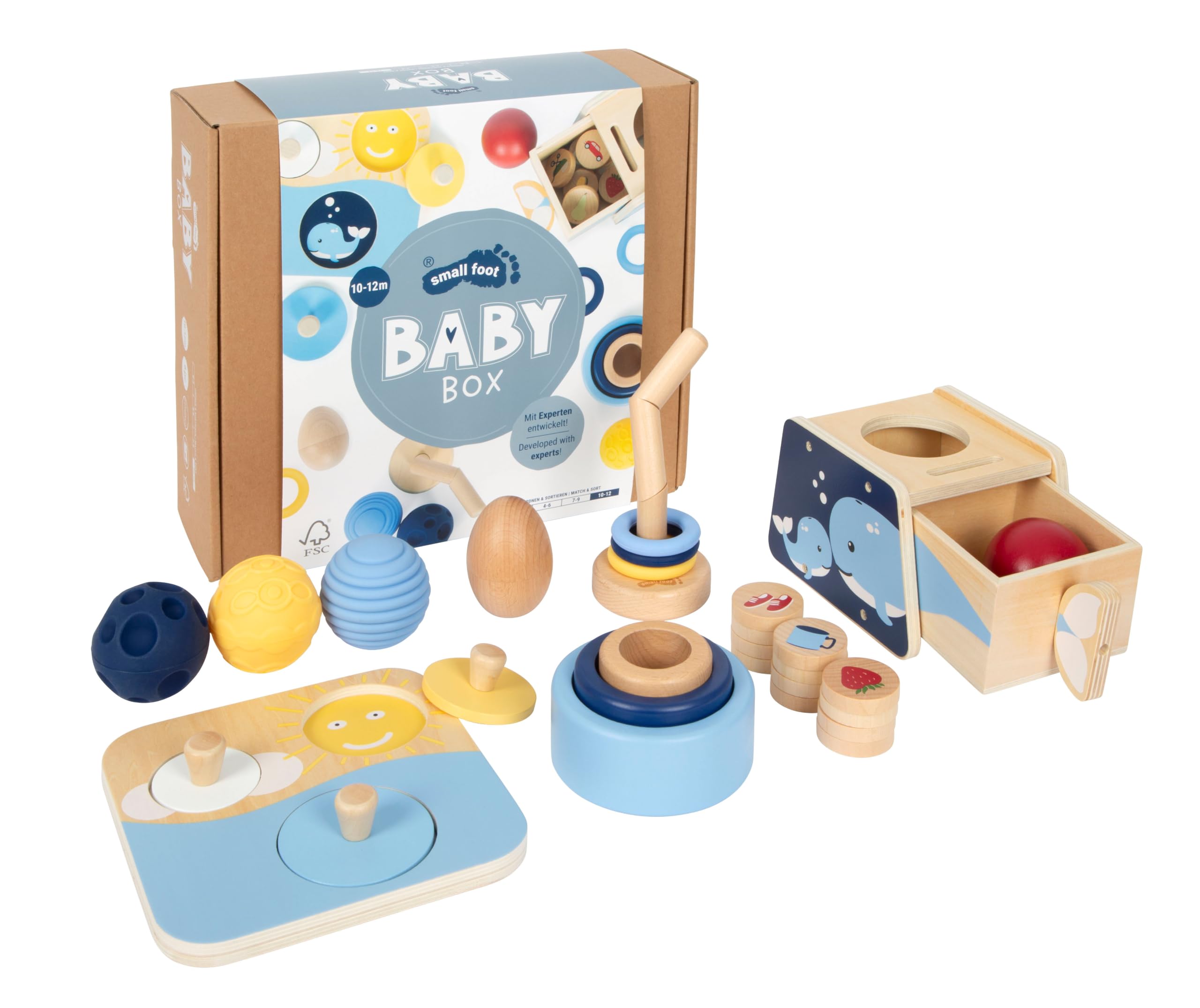 small foot Baby-Box 10-12 Monate, Babyspielzeug Komplett-Set, ab 10 Monaten | Baby Geschenk: 10-12 Monate, Babyspielzeug Set für Jungen & Mädchen mit Stapelturm, Steckspiel & Sprach-Coins aus Holz