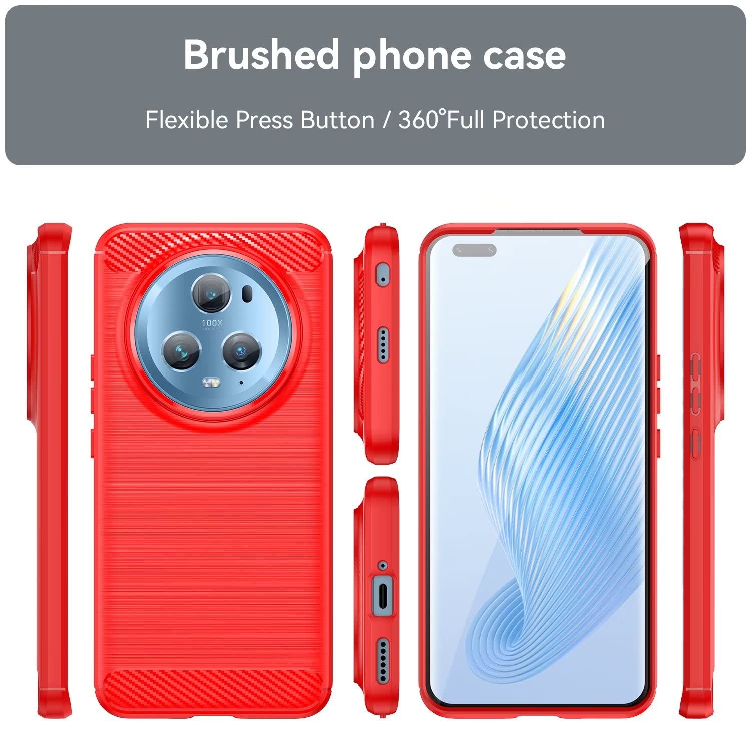 HONLEN Custodia In Silicone TPU Per HONOR Magic5 Pro 5G - Cover Morbida Con Design Antiscivolo In Fibra Spazzolata, Rosso - 2