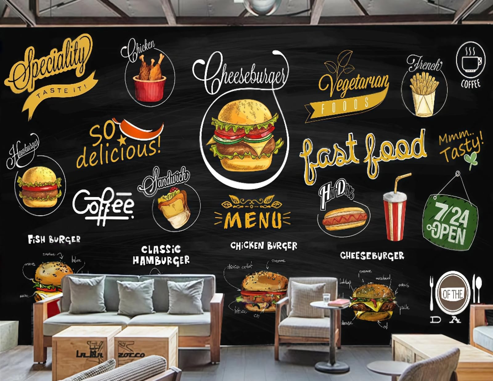 XDOUBAO Wallpaper Hand-Painted Blackboard Pizza Ingredients Burger Theme Dessert Bakery Afternoon Tea Western Restaurant Background Wall Wallpaper Coffee Shop Mural,3D,200x140cm