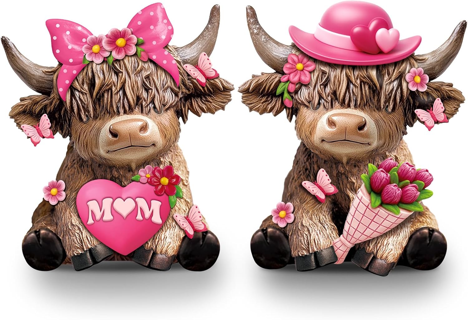 Karenhi 2 Pcs Mother's Day Highland Cow Figurines, Flowers and MOM Heart Resin Cow Gnomes Scottish Resin Statue Calf Lovers Gifts for Home Garden Kitchen Office Tiered Tray Table Decor
