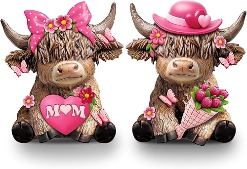 Miniatura 25 de Karenhi 2 piezas Figuras de vaca Highland Navidad Cacao caliente Enanos de vaca Highland Estatua de resina escocesa Amantes de terneros Regalos para