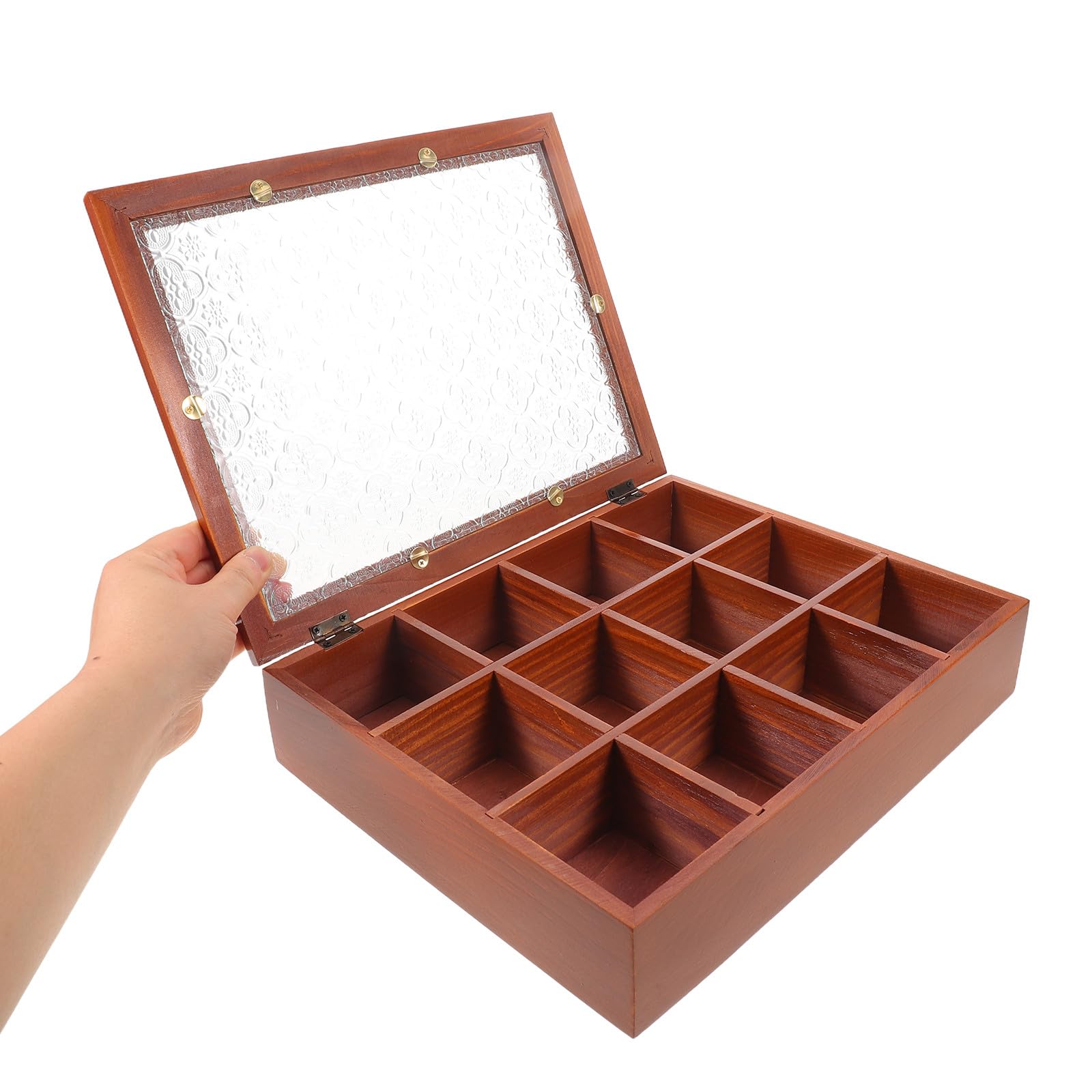 Aufbewahrungsbox aus Holz: Vitrine mit Glasdeckel für Schmuck und kleine Perlen – Rustikaler Teebeutel-Organizer mit 12 Fächern – Erinnerungskiste