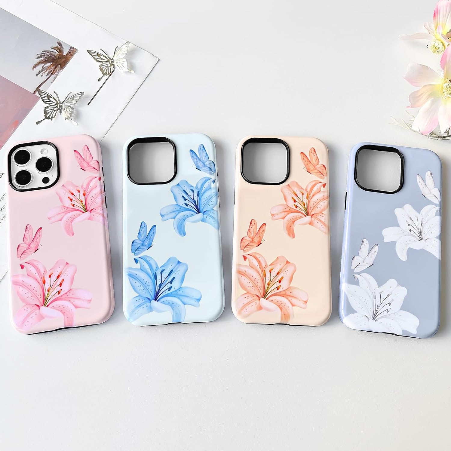 NITITOP Compatible with iPhone 13 Pro Max Case Cute Aesthetic Lily Flowers Butterfly Floral Pattern for Women Girls Glossy Hybrid 2 Layers Back Shockproof Protective Cover - Blue - Image 6