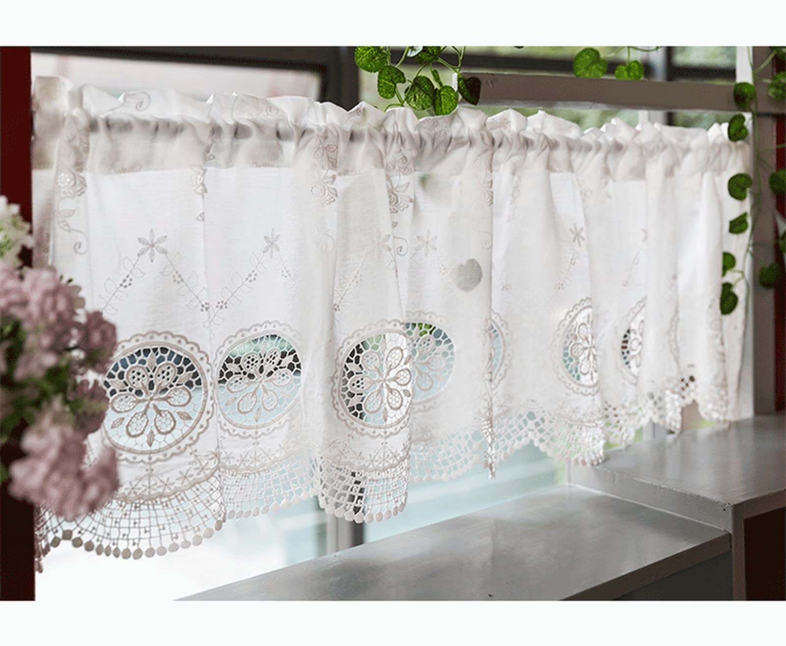 A.Monamour Cortina Cocina Ventana Puerta Corta Pequeña Encaje Bordado Floral Blanco De Algodón Opaco De Granja Rústica Retro Bolsillo para Varilla Panel Cenefa Rustica Bistro para Dormitorio Café Baño