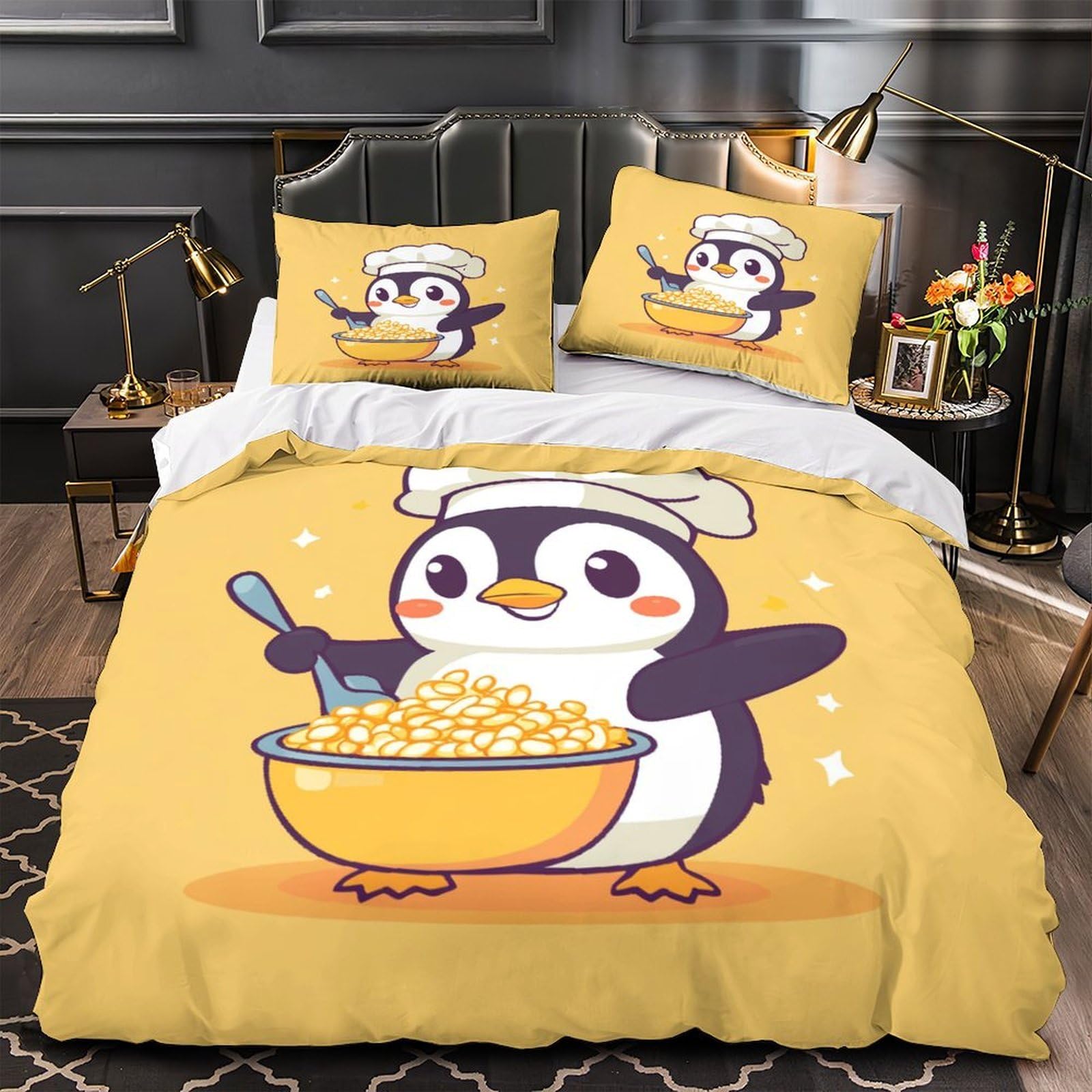 Housse de couette lavable machine pour lit simple, parure anti-décoloration pingouin 3D