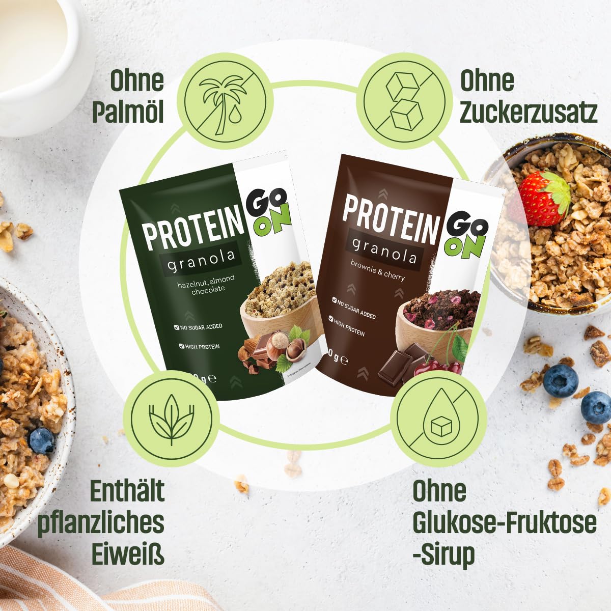 GO ON - Granola białkowa 300g, musli bez cukru, musli granola, chrupiące musli, musli z białkiem roślinnym, zdrowe musli, zdrowe śniadanie, płatki zbożowe - Brownie Cherry