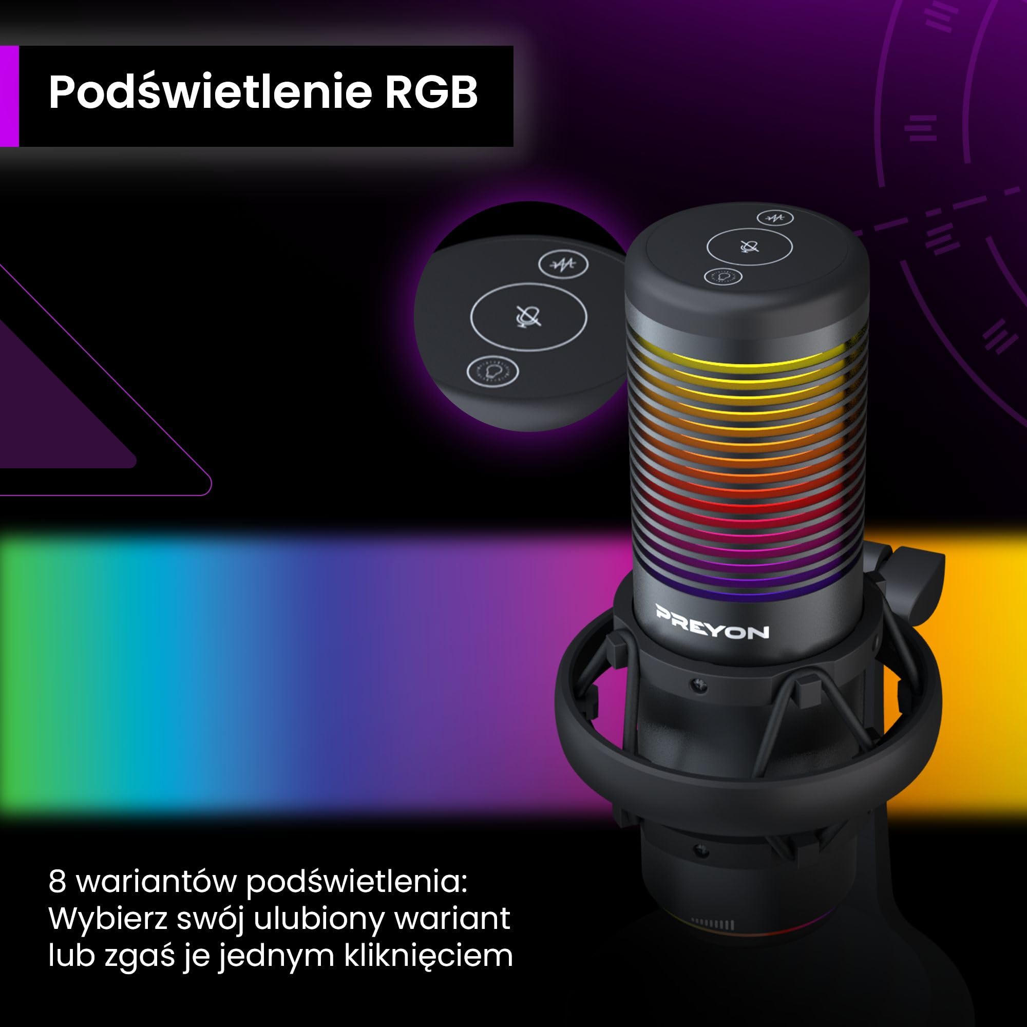 PREYON Mikrofon Gamingowy do PC z Ramieniem USB Pojemnościowy - Podcastów Streamingu Laptopa i Studia Podświetlenie RGB z Wyciszeniem Kardioidalny Omnidirekcjonalny Pokrętła Regulacji – Czarny