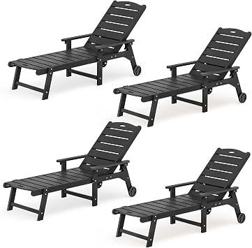 LUE BONA Outdoor Chaise Lounge, 5Position, 4Pack, Black | HDPS Oversized Lounge Chair with Armrest & Wheels, Fade & Crack & Rust Resistant, Wood Texture, for Pool, Patio