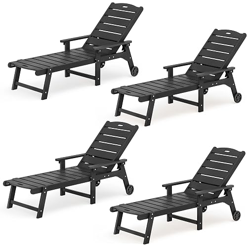 LUE BONA Outdoor Chaise Lounge Chairs Set of 4, HDPS Chaise Lounger, 5 Positions Adjustable Lounge Chairs, Pool Lounge Chair with Wheels for Poolside, Black