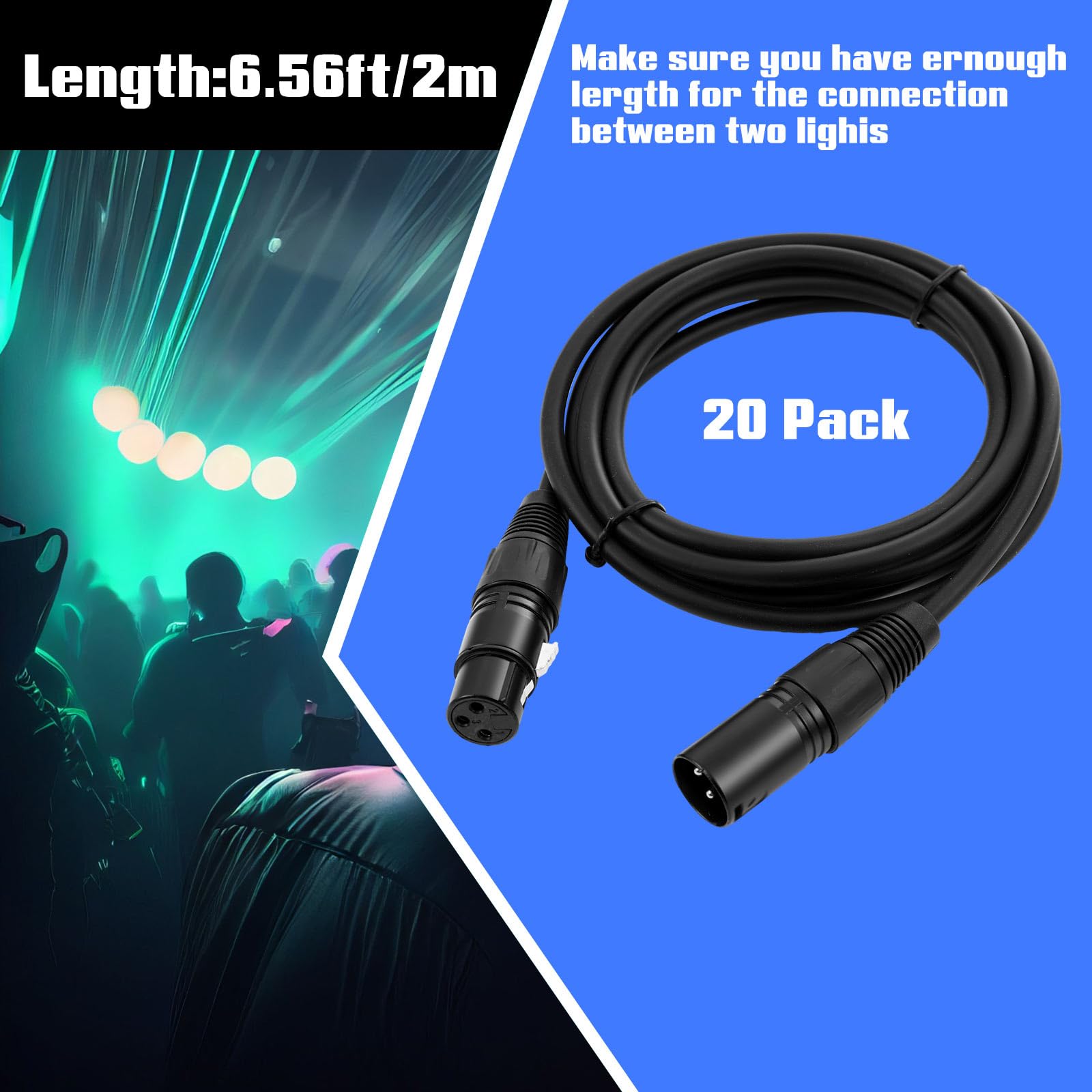 Xuhal 20 cavi DMX flessibili da 1 metro, cavi di segnale DMX con connettori in metallo, segnale XLR a 3 pin, connettore maschio a femmina, per illuminazione di palco, faretti, luci DJ, nero (2 m)