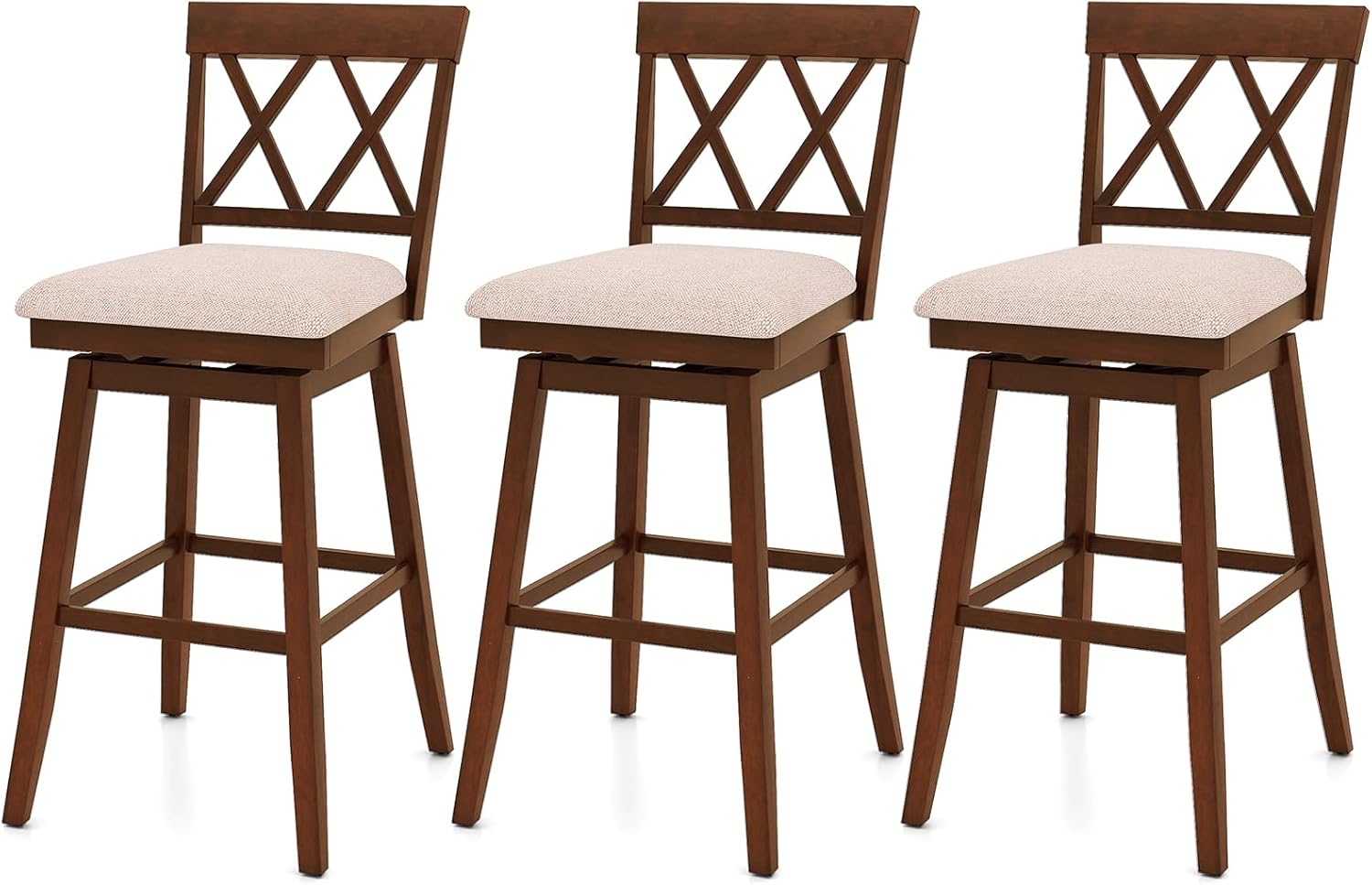 Giantex 29" Bar Stools Set of 3, Swivel Bar Height Bar Chairs with Contoured Backrest, Padded Seat & Rubber Wood Legs, Farmhouse Wooden Barstools for Kitchen Island, Restaurant & Pub