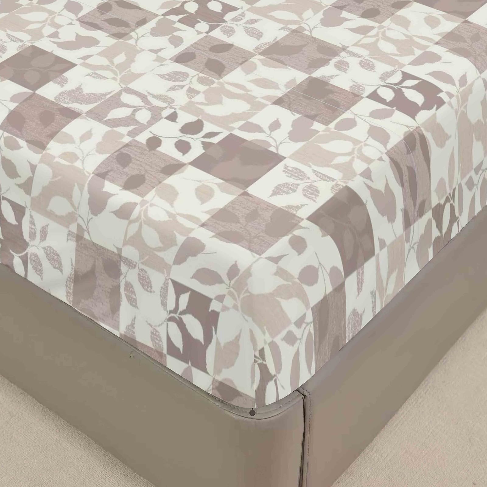 Surwin Emperor Fitted Sheet Elegant Floral Fitted Bed Sheets, Soft Brushed Microfiber Bedsheets, Beige Leaves Pattern, 30cm Deep Pocket, Easy Care Fade Resistant