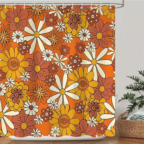 Cortina de ducha de flores retro, color naranja vintage de los años 70, cortinas de ducha bohemias para decoración de baño, juego de cortinas de