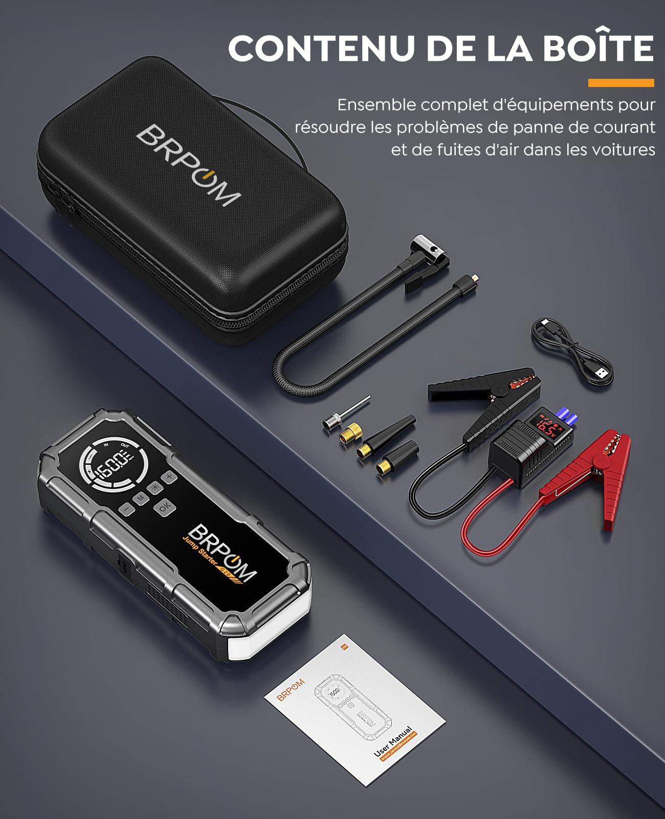 BRPOM Booster Batterie avec Compresseur, 8000A Démarreur Batterie Voiture, 160PSI Gonfleur de Pneus, 12V Jump Starter, Tout Gaz ou 10L Diesel, Écran LCD, Eclairage de Secours, Banque d'alimentation