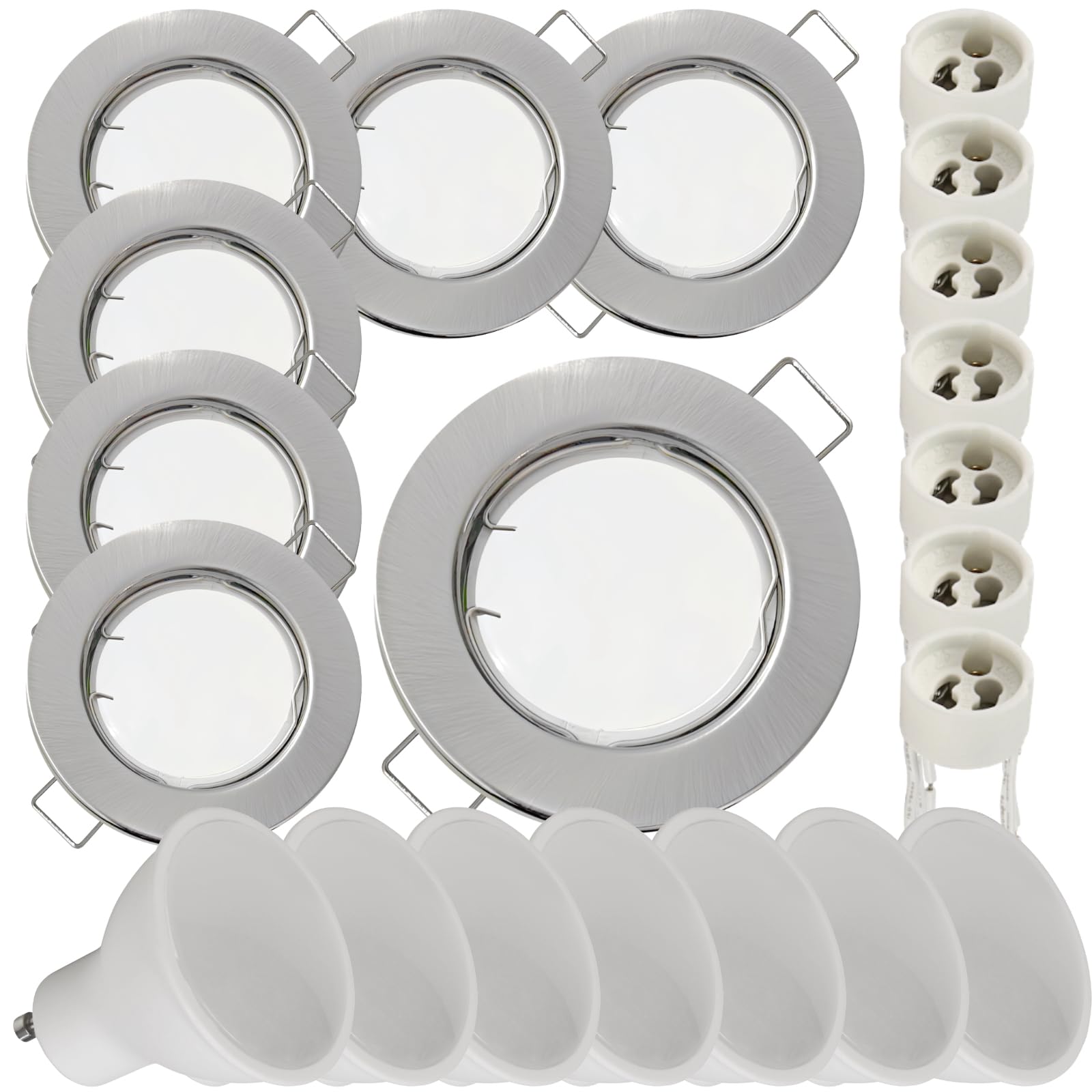 7 Stück LED Einbaustrahler Lotta 230V 7W SMD Dimmbar | IP20 | Farbe: Edelstahl gebürstet | Kompakte Einbauleuchten 3000K Warmweiß | Deckenspots für Wohnbereich