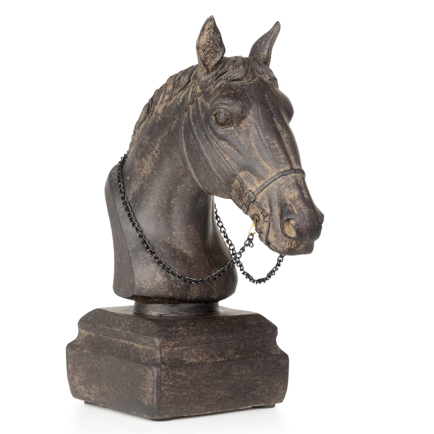 Moritz Figura decorativa de cabeza de caballo, escultura, busto de poliresina, color marrón oscuro, idea decorativa, decoración de pie, estatua