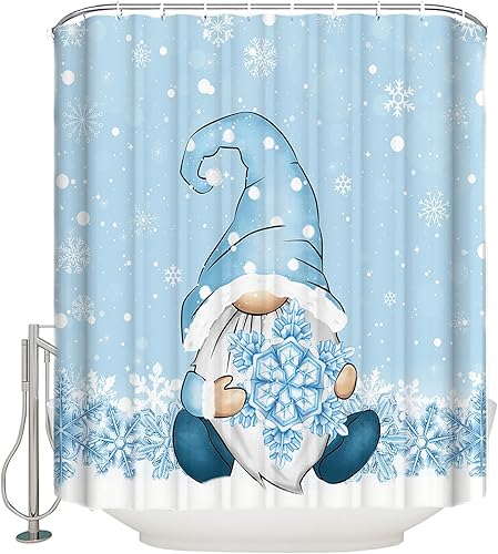 Cortina de ducha de gnomos de Navidad azules, vacaciones de invierno, copos de nieve blanco, azul, impermeable, lavable, bohemio, lindo, divertido,