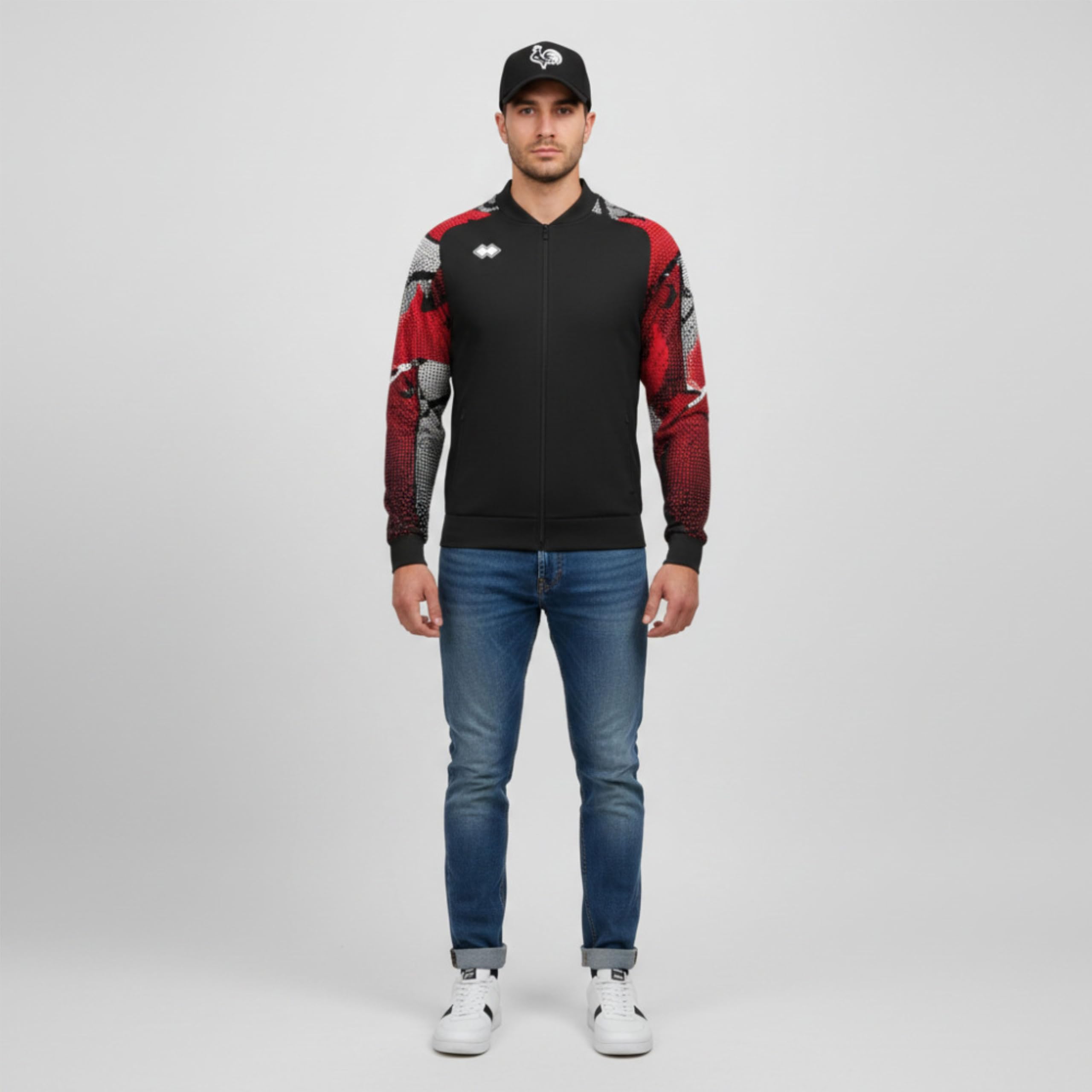 Errea' Giacca Full Zip SSC Bari, Nero con Maniche Grafiche Rosse e Bianche, Stile Sportivo