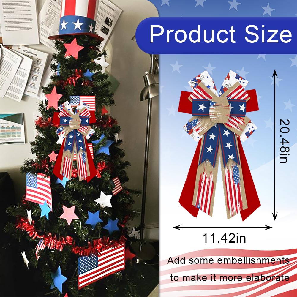 Large Patriotic Wreath Bows 4th of July Decor Bows for Wreath American Flag Blue Stars Burlap Patriotic Bows for Front Door Independence Day Indoor Outdoor Wall Tree Topper Party Decoration Supplies