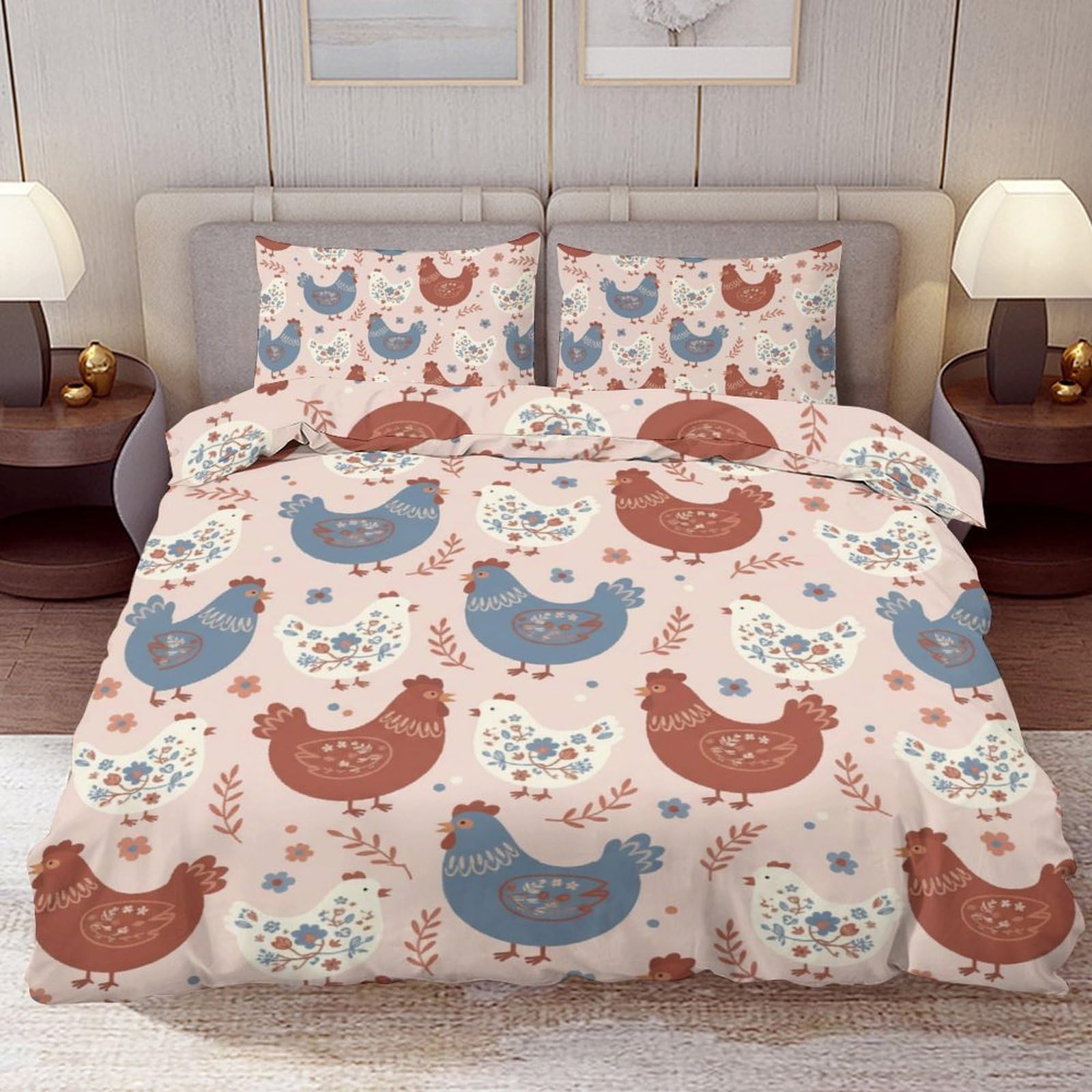 Delerain Comforter Cover Set Full Size, Cute Hen Chicken 3-Piece Bedding Set for Boys Girls Teens Modern Soft Microfiber Bedroom Set Room Decor, 1 Duvet Cover + 2 Pillowcases
