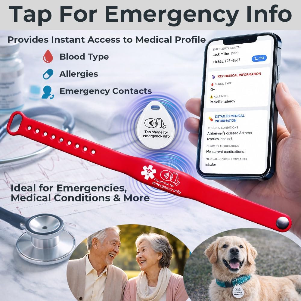 Family Safety Kit,2 Pcs Medical ID Emergency Bracelets NFC tap Wrist Bands for Elderly Diabetes Autism,1 pc cat Dog id QR Code Tags Personalized for Pets Customizable Contact info Profile