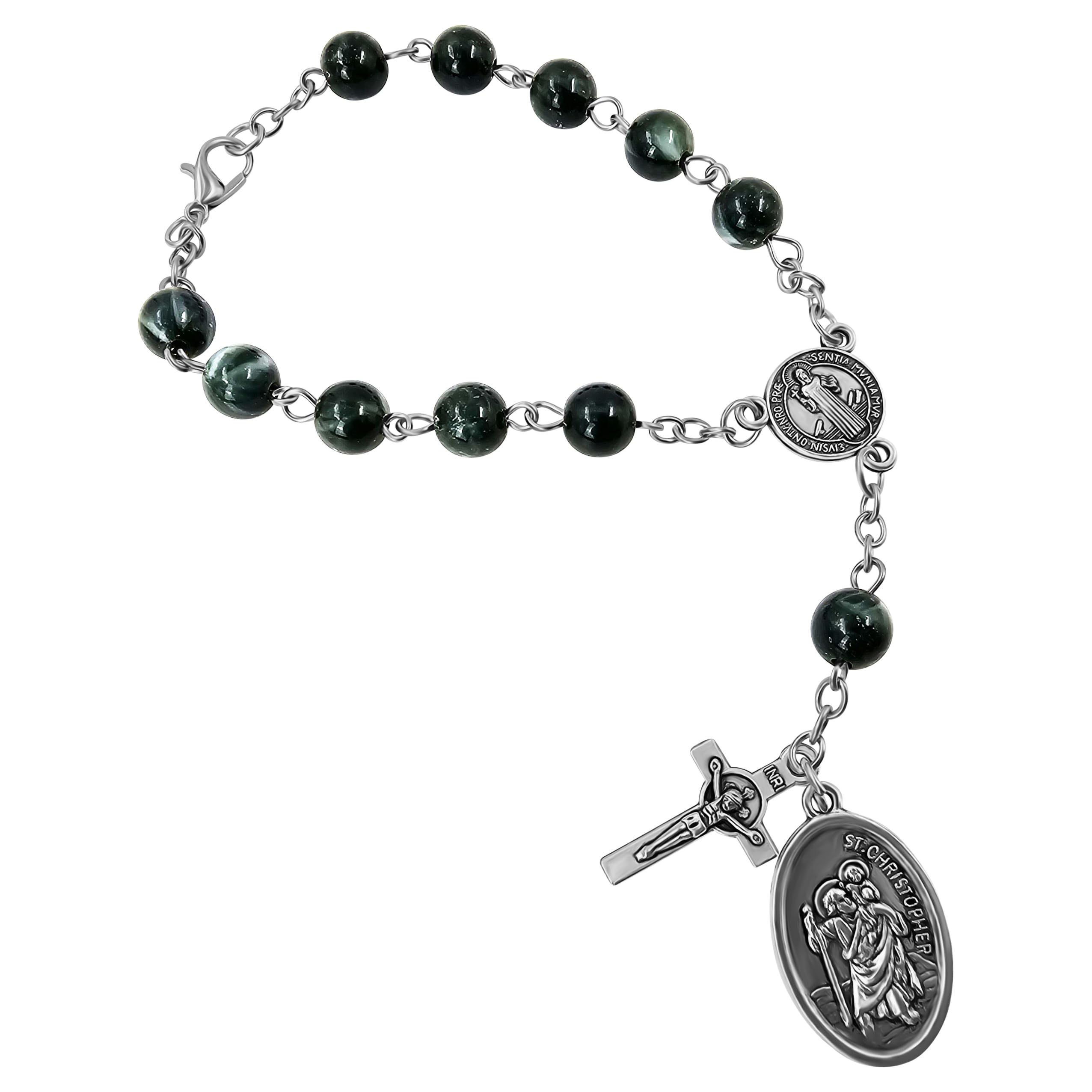 TALISMAN4U Saint Benedict One Decade Rosary for Car Rearview Mirror St Christopher Medal 8mm Glass Prayer Beads Catholic Evil Protection Auto Rosary