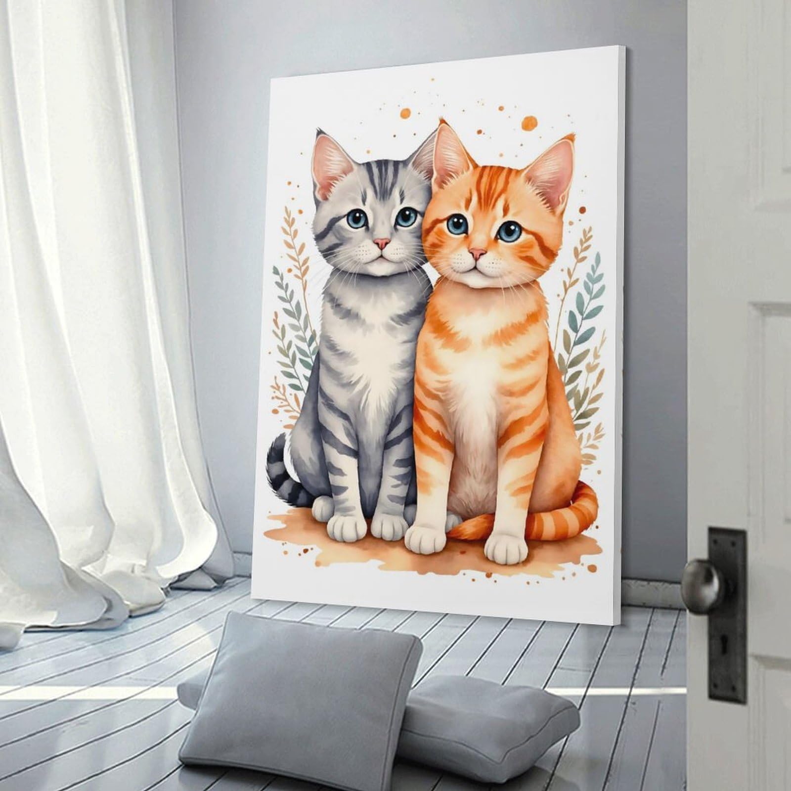 Junmoney Frame-Style-7 Love Cat Watercolor Wall Art Print, 20X30inch(50X75cm), For Bedroom Walls, Guest Spaces Or Lounges, Home Artwork With A Soft Interior Feel