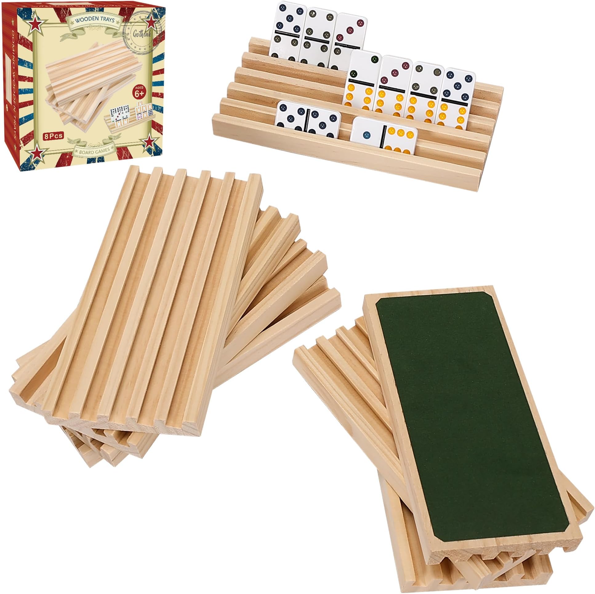 GOTHINK Wooden Domino Racks Set of 8 Trays with Felt Bottom for Mexican Train Dominoes Games, Non-Slip Domino Tiles Holders, Mexican Train Accessories for Adults & Kids - Dominoes NOT Included