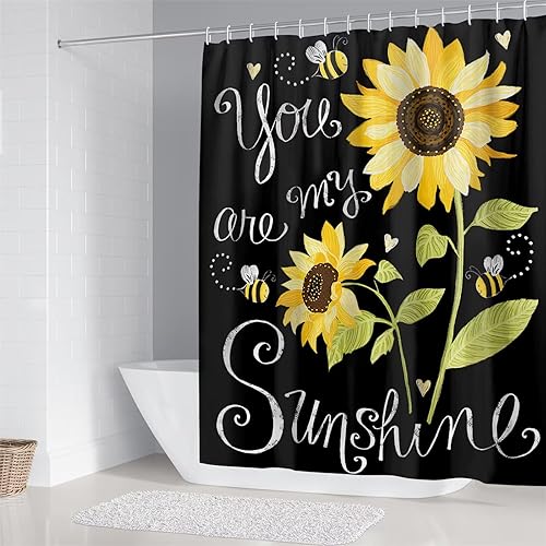 Miniatura 2 de AZHM Juego de cortina de ducha con diseño de girasol, juego de 4 piezas con cortina de ducha antideslizante, cubierta para tapa de inodoro y tapete