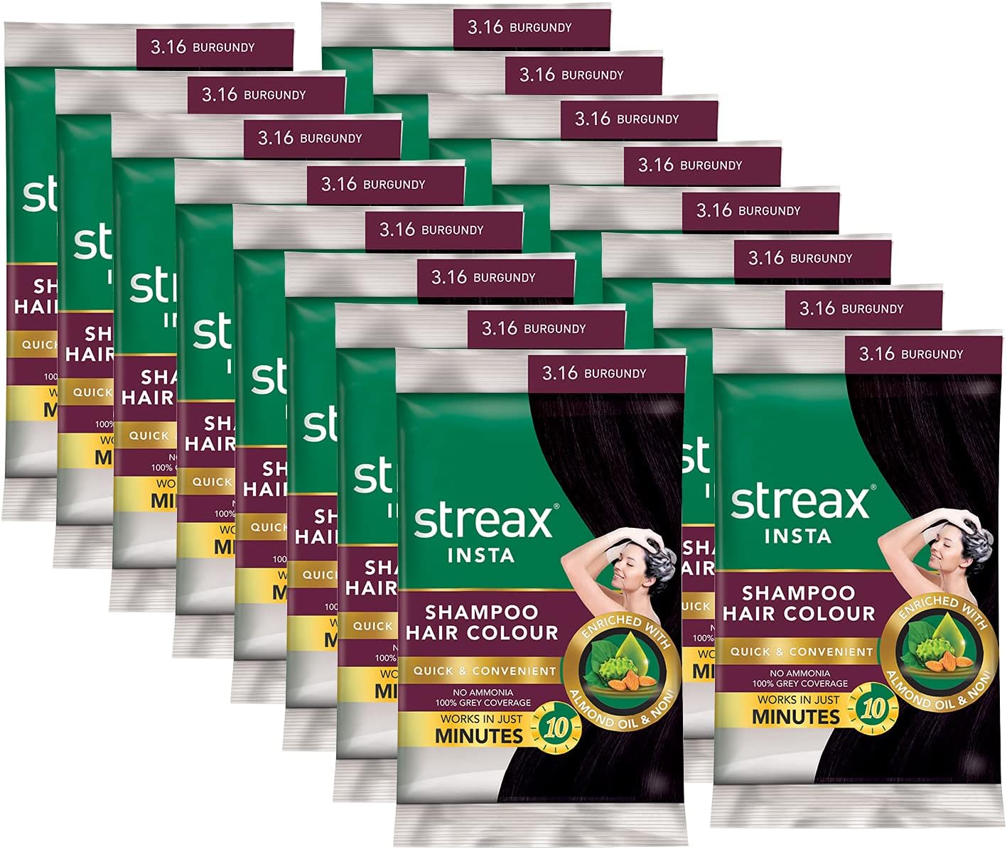 Streax Insta Shampoo Hair Colour For Men's & Women's, Burgundy, 18Ml (Pack Of 16) | Enriched With Almond Oil & Noni Extracts | Long-Lasting Instant Colour