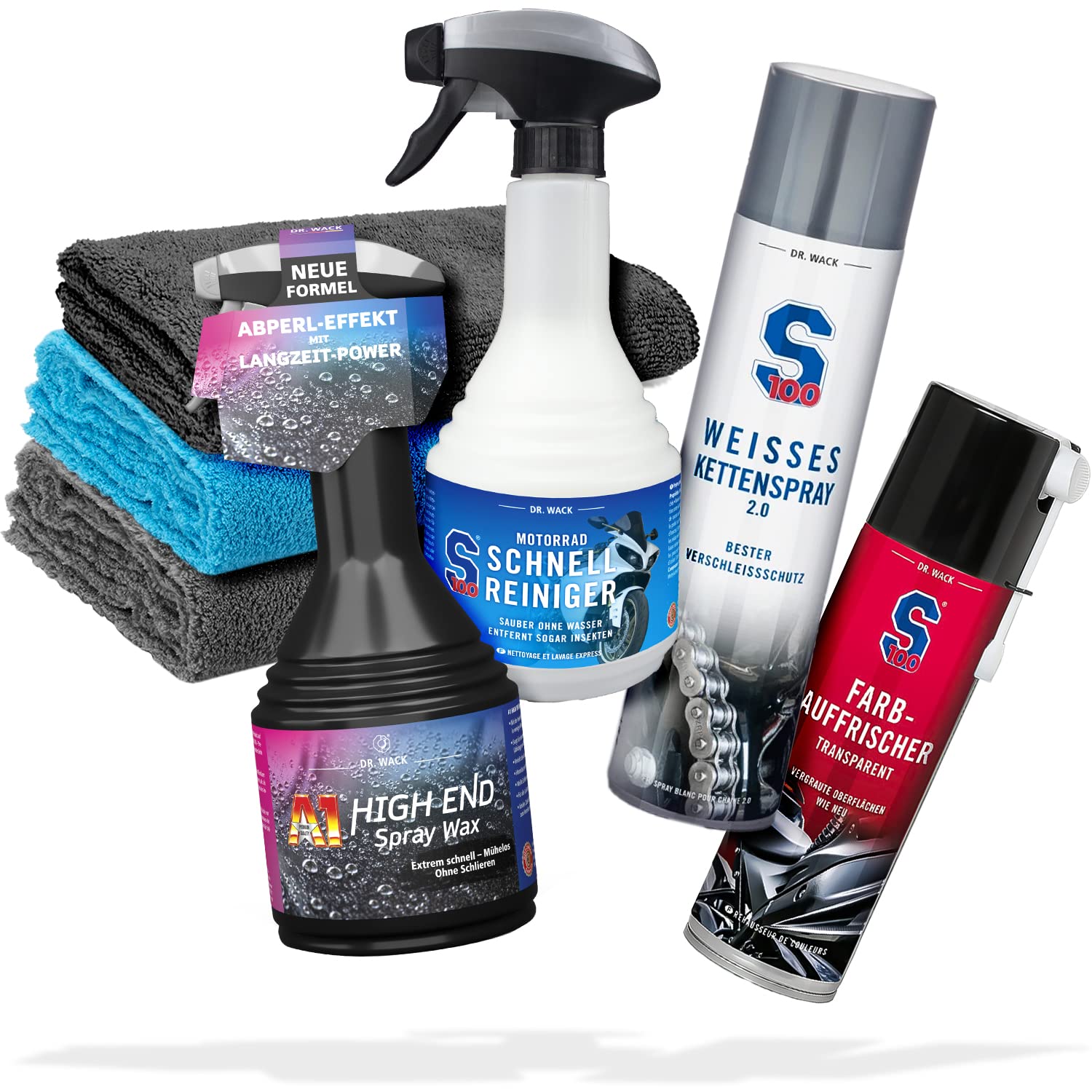 Dr. Wack S100 Paquete de limpieza y mantenimiento para motocicletas, limpiador rápido 0,5 l, spray de cadena blanca 0,4 l, refrescante de color 0,3 L, cera en aerosol A1 de alta gama 0,5 l + 3 paños