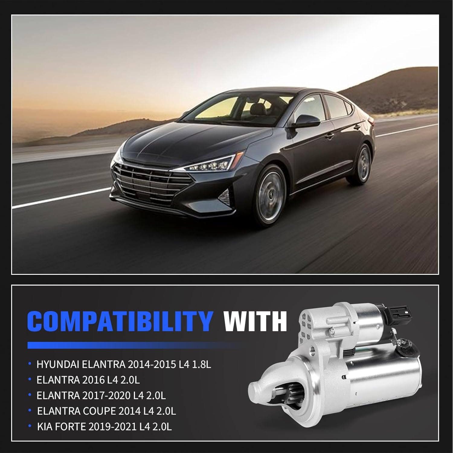 New Starter Motor 12V 1.2KW CW 13T, 36100-2E551 Compatible with Hyundai Elantra 2014-2020 1.8L/2.0L,Kia Forte 2019-2021 2.0L,Replace 8000604 50006