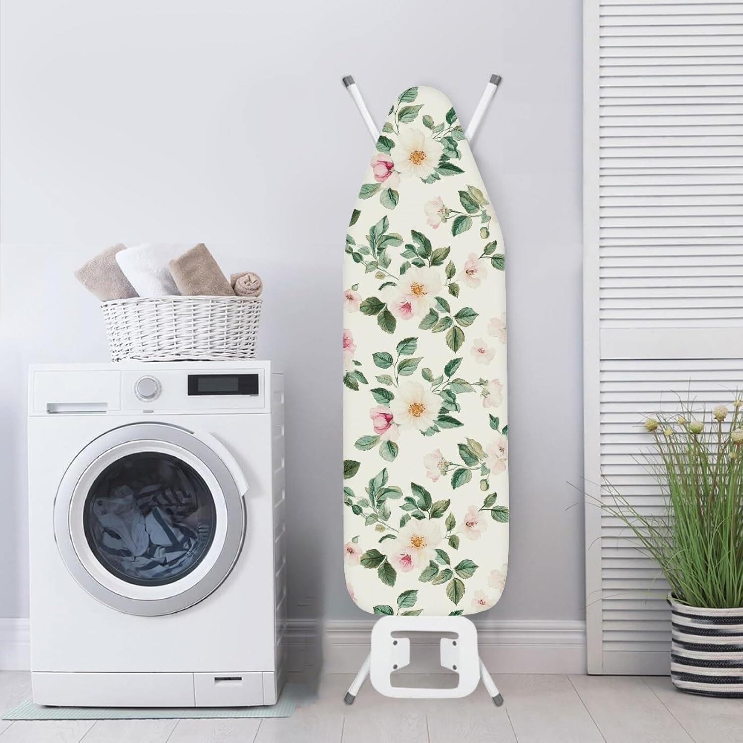 Ironing Board Cover 14x48 White Flower Leaves Iron Board Cover with Padding Heat Reflective,Scorch Resistant Thick Padding,Snug Fit Non-Slip Nose Pocket Fastener Straps Elastic Edges
