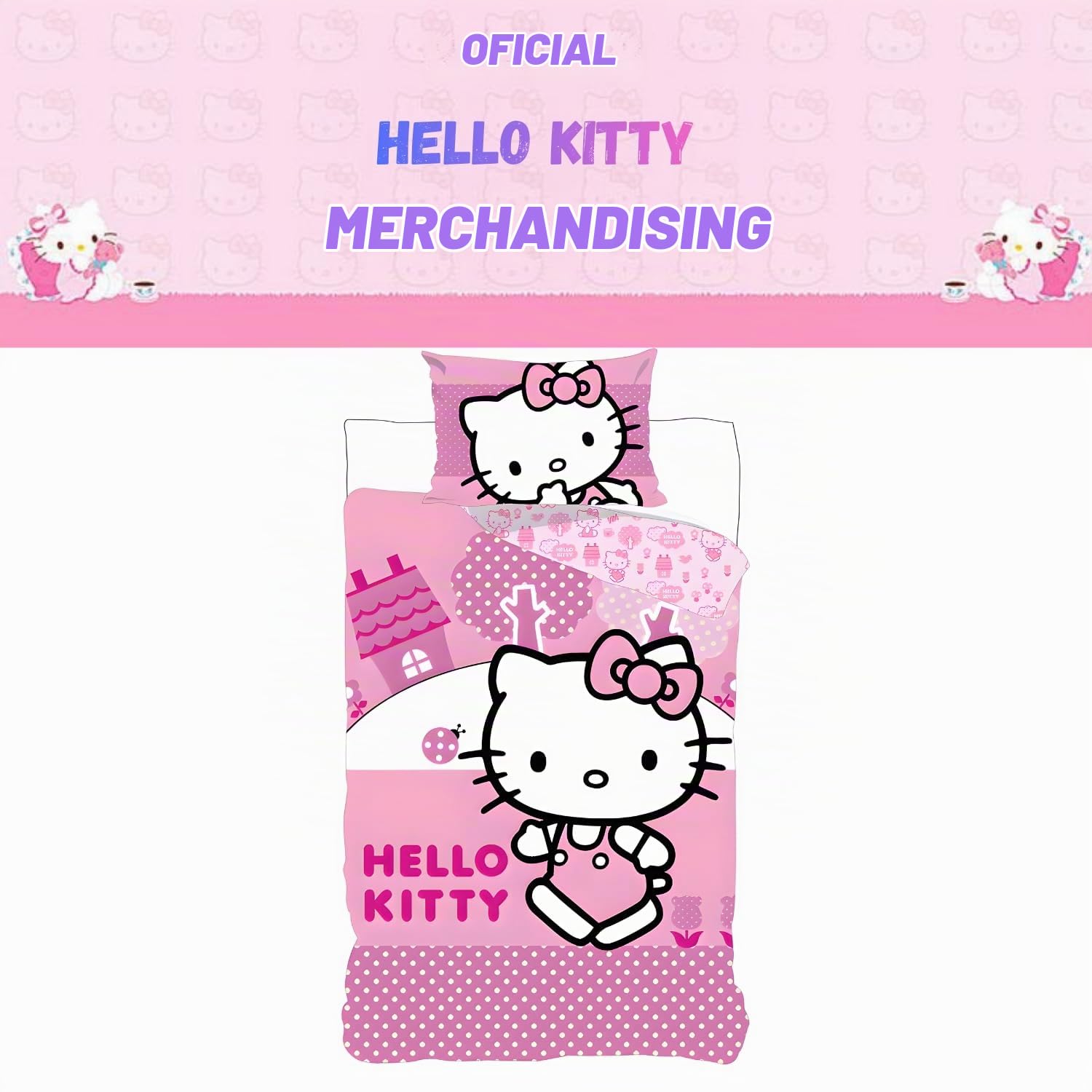 Hello Kitty Juego de Ropa de Cama Infantil | Funda Nórdica 140x200 cm + Funda de Almohada 50x70 cm, 100% Algodón | Producto Oficial Sanrio, Suave y Transpirable (Hello Kitty - Rosa)