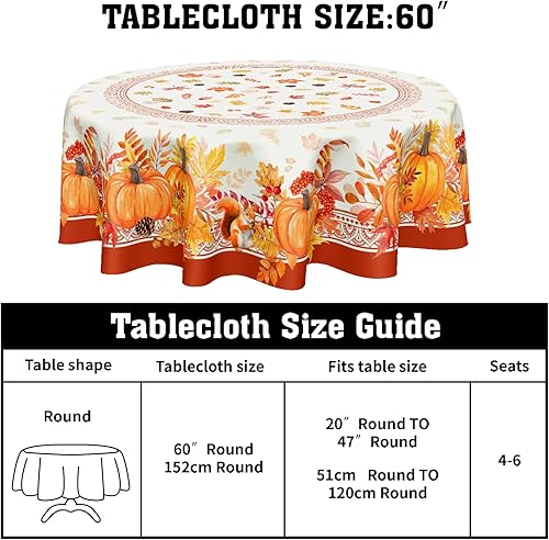 Miniatura 2 de Mantel redondo de otoño de Acción de Gracias de 60 pulgadas, mantel de hojas de arce y calabaza, mantel de cosecha de otoño, mantel de poliéster