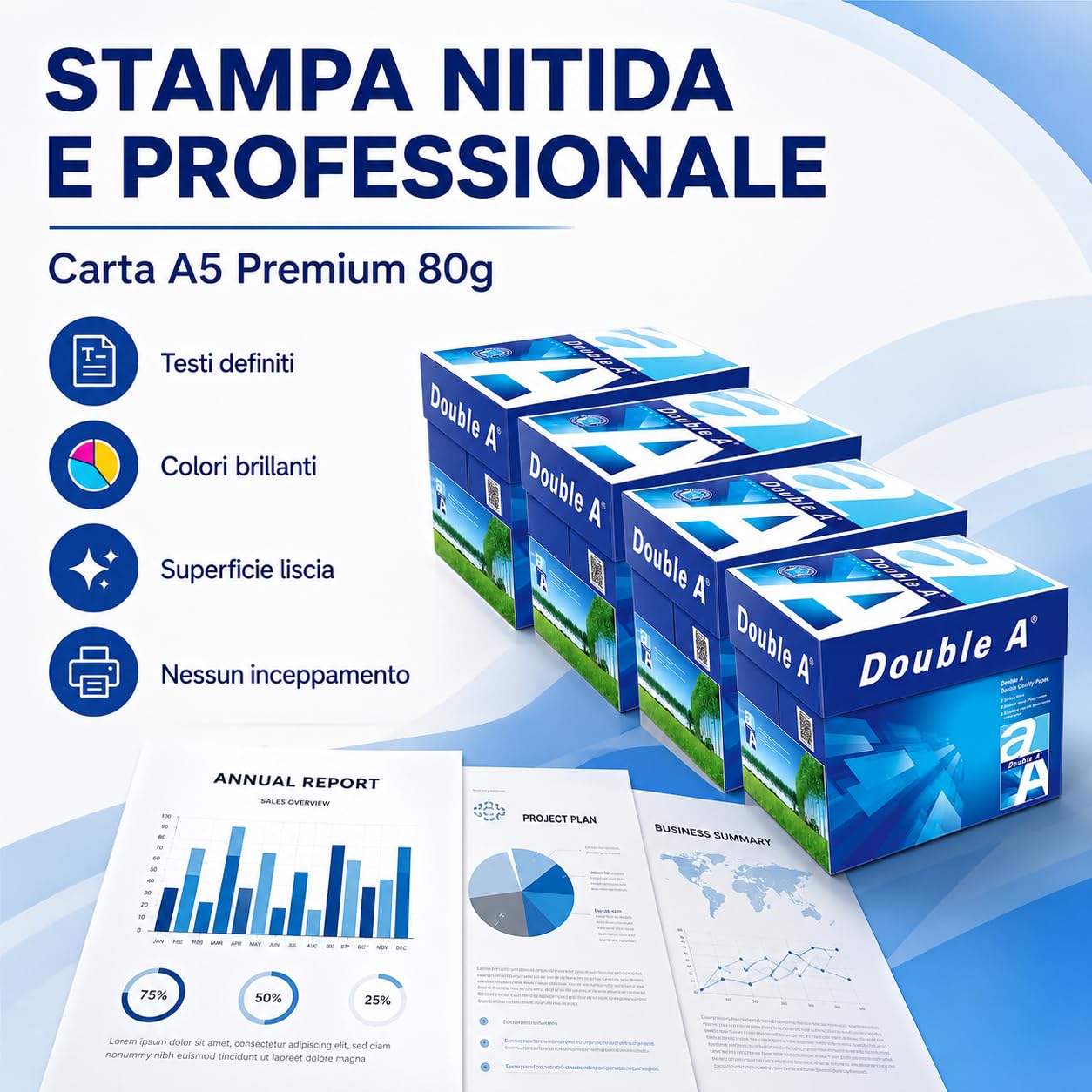 Confezione di Fogli A5, Pack 40 Risme Carta Formato A5 500 fogli da 80 g DOUBLE A Premium, Scorta, Carta per Stampante, Fogli per Stampa, Ufficio, Forniture, Carta per Fotocopiatrice